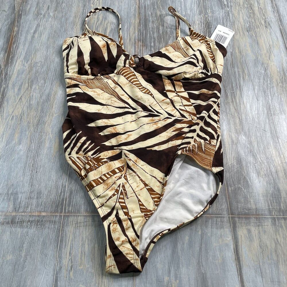 Speedo Cream and Dark Brown Tropical Print One-Piece Swimsuit NWT
